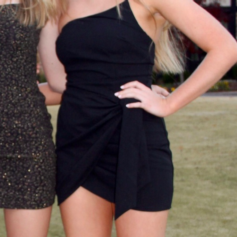 Black wrap, one shoulder cocktail dress